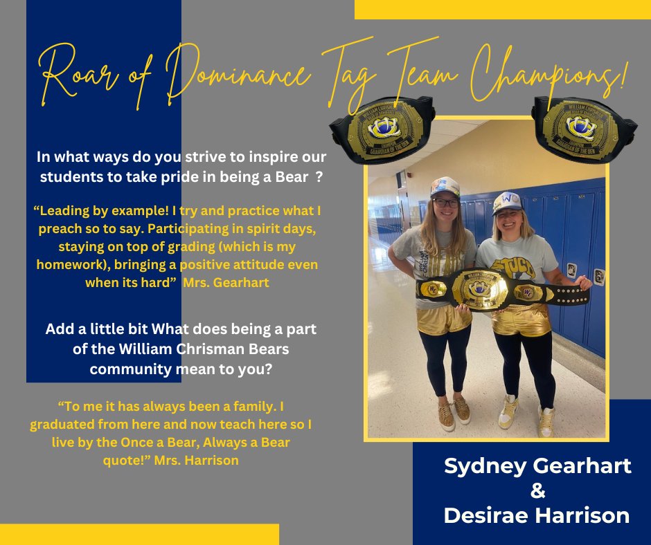 WC_TrackField's tweet photo. We got a little wrinkle this week...the “Undisputed Roar of Dominance Champion" is now TAG TEAM CHAMPIONS‼️‼️‼️......Mrs. Gearhart &amp; Mrs. Harrison‼️‼️#GuardianOfTheDen 

"You the twos, we the ones!" @WWEUsos #AintNobodyOnOurLevel https://t.co/olFerQX87j
