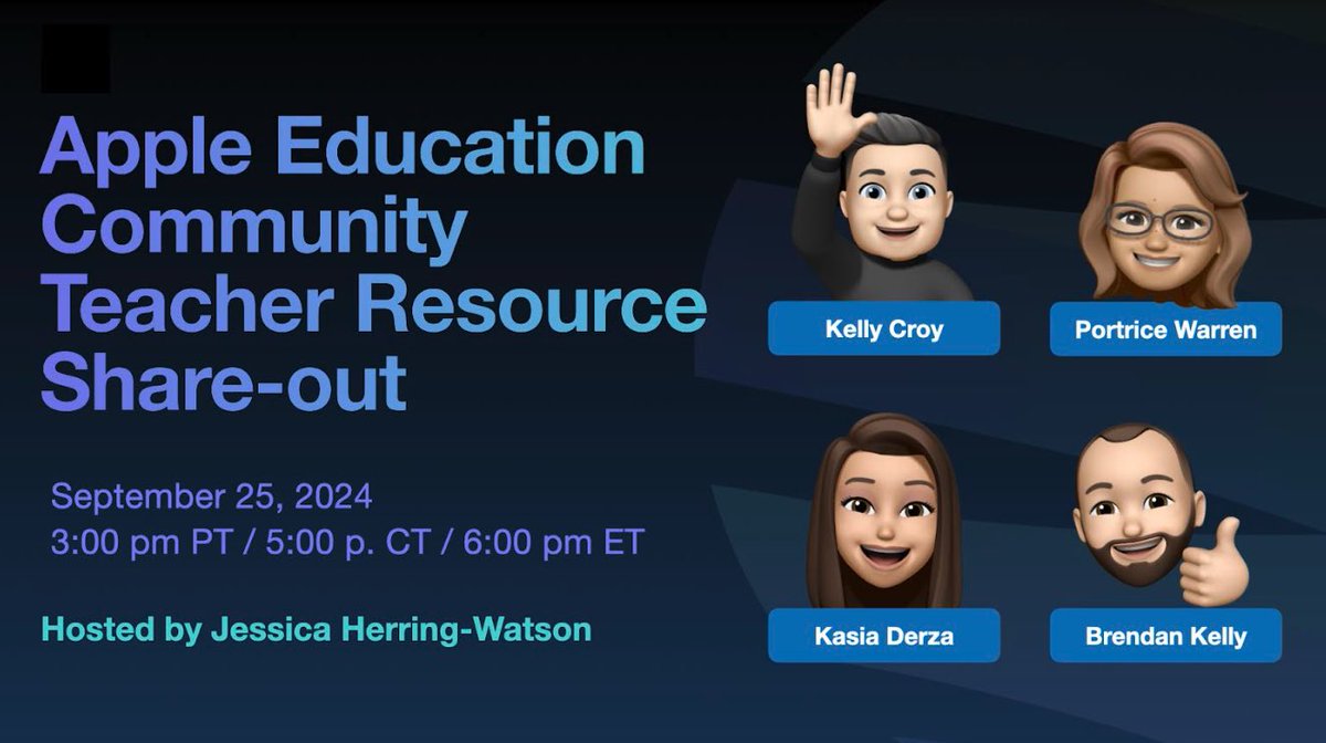 Join me tomorrow with other Apple Distinguished Educators for Apple Education Community Teacher Resource Share-Out hosted by Jessica Herring-Watson. It’s for everyone! 💪❤️✌️

Wednesday, September 25 at 3:00 pm PT/5:00 pm CT/6:00 pm ET.