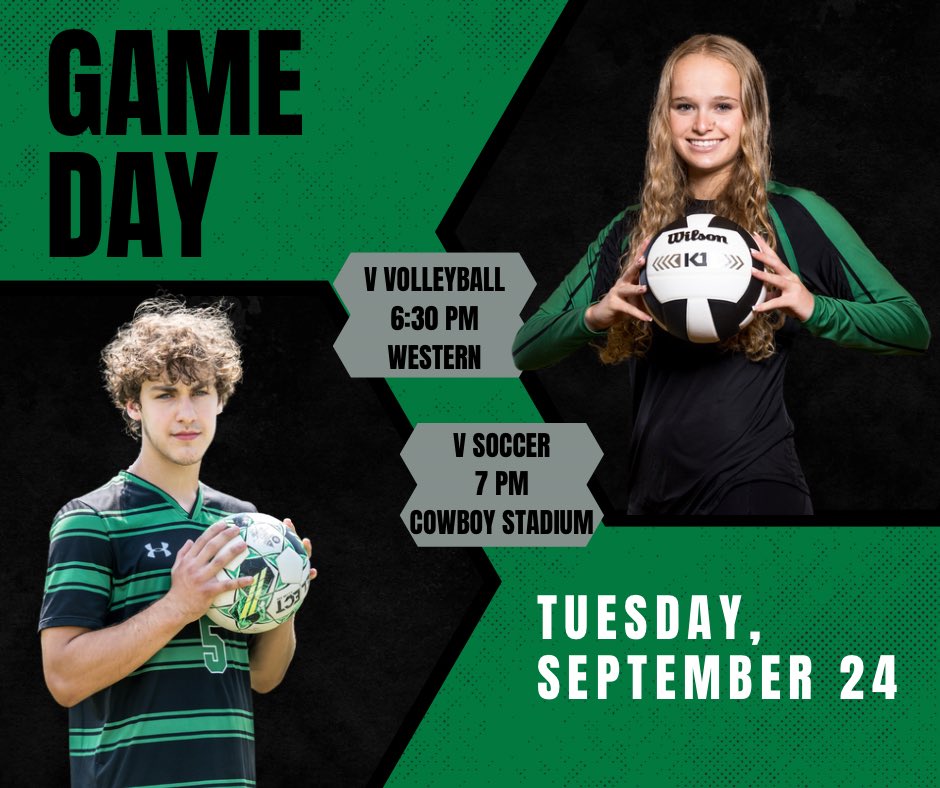 It’s GAME DAY! 

JV Volleyball starts at 5 PM and Varsity begins at 6:30 PM at Western Guilford. JV Men’s Soccer starts at 5:30PM and Varsity starts at 7 PM in Cowboy Stadium! 

Get your tickets on GoFan! 

#gocowboys #cowboystrong #swghsathletics
