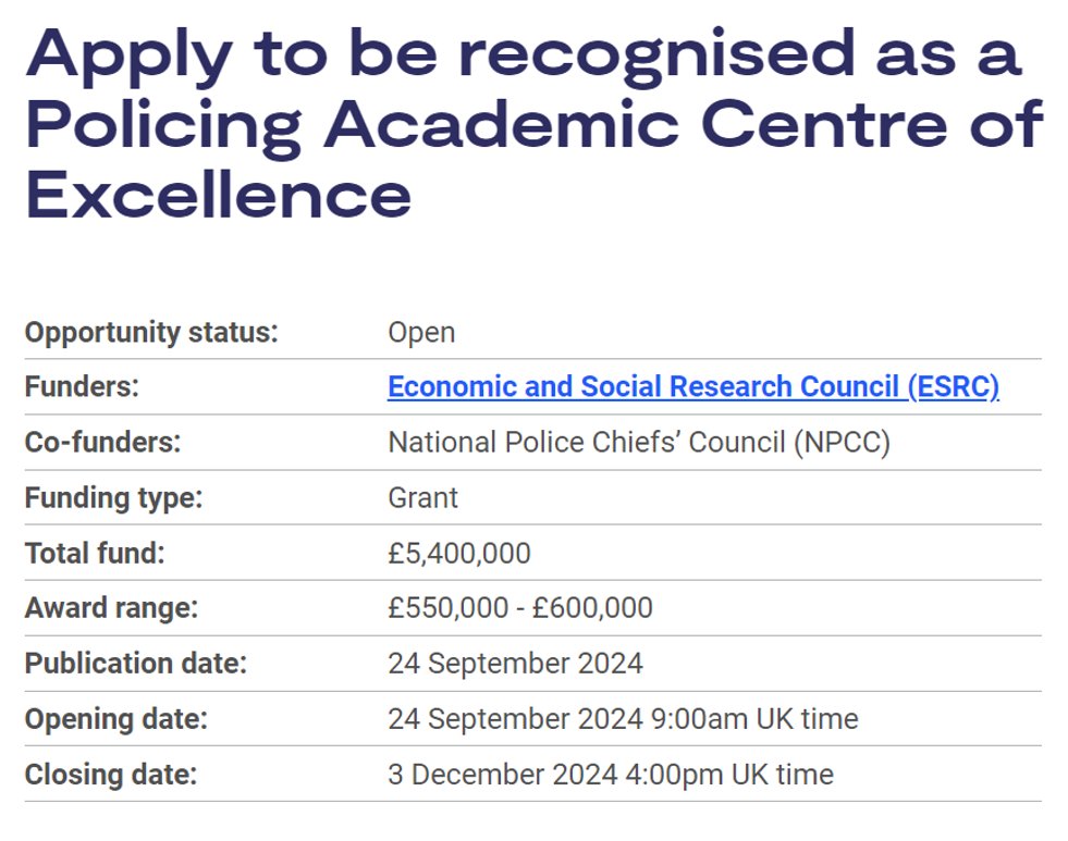 Economic and Social Research Council (@esrc) on Twitter photo Together with <a href="/PoliceChiefs/">National Police Chiefs' Council (NPCC)</a>, we are funding nine Policing Academic Centres of Excellence🎉
This opportunity will increase the accessibility and use of research evidence, science and technology in policing.
Apply now: orlo.uk/1O9u8 Together with <a href="/PoliceChiefs/">National Police Chiefs' Council (NPCC)</a>, we are funding nine Policing Academic Centres of Excellence🎉
This opportunity will increase the accessibility and use of research evidence, science and technology in policing.
Apply now: orlo.uk/1O9u8