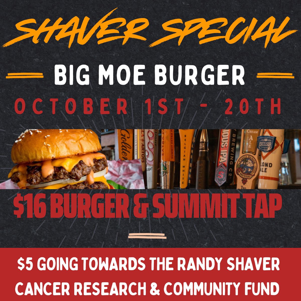 Help “Tackle Cancer” by enjoying a Big Moe Burger at any of the three Moe’s locations (Mounds View, St. Paul or Chanhassen) October 1-20 and $5 goes back to the Randy Shaver Cancer Research and Community Fund. A big thank you to <a href="/JeffMoritko/">Jeff Moritko</a> for his kind support!