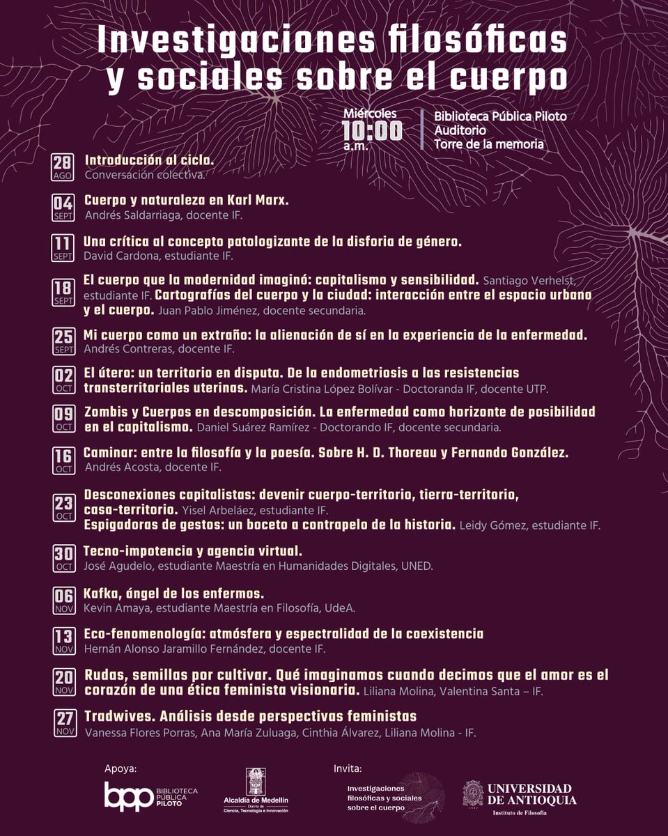 AFCSPhil's tweet photo. Dr. Andrés F. Contreras, @filosofiaUdeA 
Mi cuerpo como un extraño: la alienación de sí en la experiencia de la enfermedad

Septiembre 25 de 2024, 10 am COT
@BPPiloto, Torre de la Memoria, Medellín, Colombia

Transmisión en vivo por el canal de YouTube:
https://t.co/yBgVjIFlQV https://t.co/j4twp3hxgv