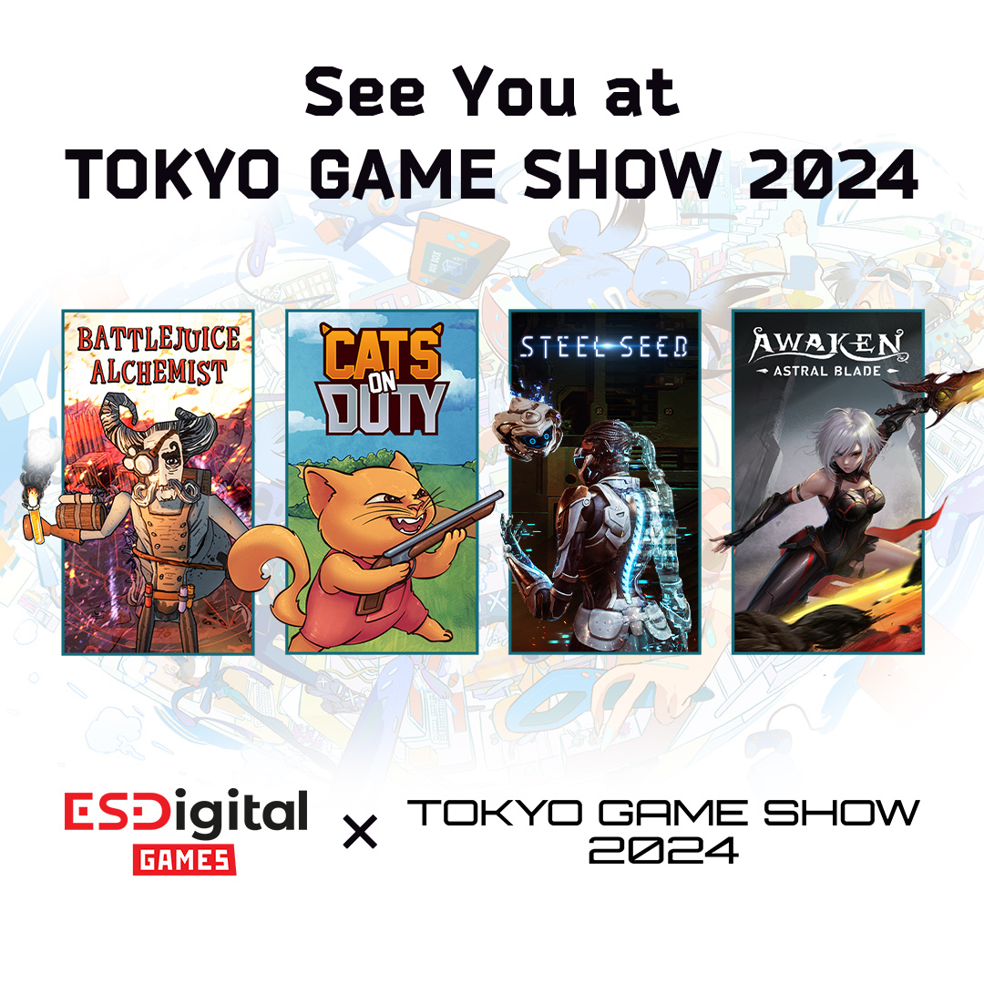 👾 Introducing ESDigital Games Line-Up for TGS 2024! 👾

From September 26-29 check out some of the coolest indies you've ever seen at our booth:

🗡️ Awaken - Astral Blade
⚙️ Steel Seed
🧪 BattleJuice Alchemist
😼 Cats on Duty

#TGS2024 #東京ゲームショウ #ゲームで世界に先駆けろ