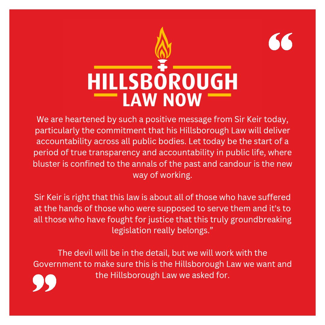 Our statement on the Prime Minister <a href="/Keir_Starmer/">Keir Starmer</a> during his #LabourConference2024 speech announcing a Duty of Candour will be introduced to Parliament by the next anniversary of the Hillsborough disaster in April.

#LabourConference2024