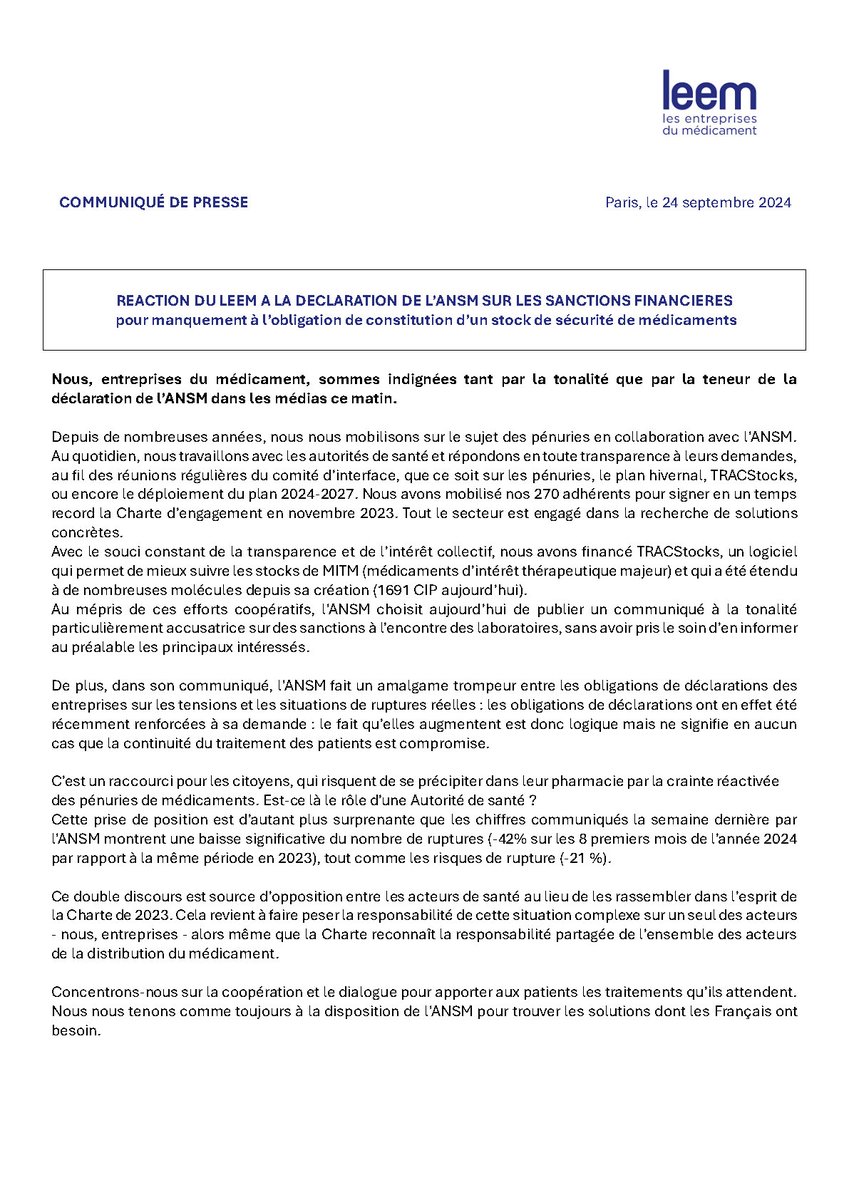 LeemFrance's tweet photo. Déclaration de l'ANSM sur les sanctions financières pour manquement à  l'obligation de constitution d'un stock de sécurité du médicament : la  réaction du Leem. Lire le communiqué 👇 https://t.co/lZ1TCSrEpC