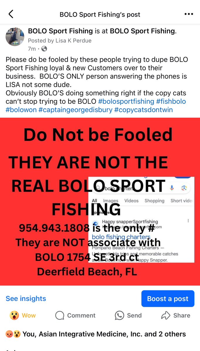 BOLOsportfish's tweet photo. LOCAL SCAM ALERT DO NOT get fooled by these people impersonating THE REAL BOLO SPORT FISHING.  BOLO is NOT associated with them nor have they ever been #bolosportfishing #fishbolo #bolowon #copycatsdonotwin https://t.co/FXOkeMmX9r