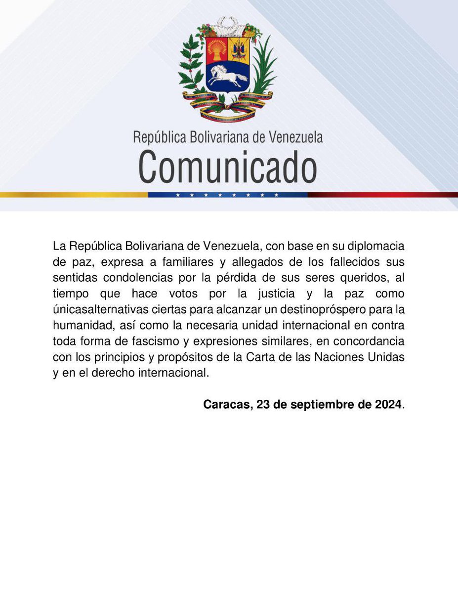 Venezuela condena el ataque israelí perpetrado este lunes 23 de septiembre en el sur y el oeste del Líbano y sus alrededores, que dejó al menos 274 personas fallecidas y más de 1.000 heridos.
