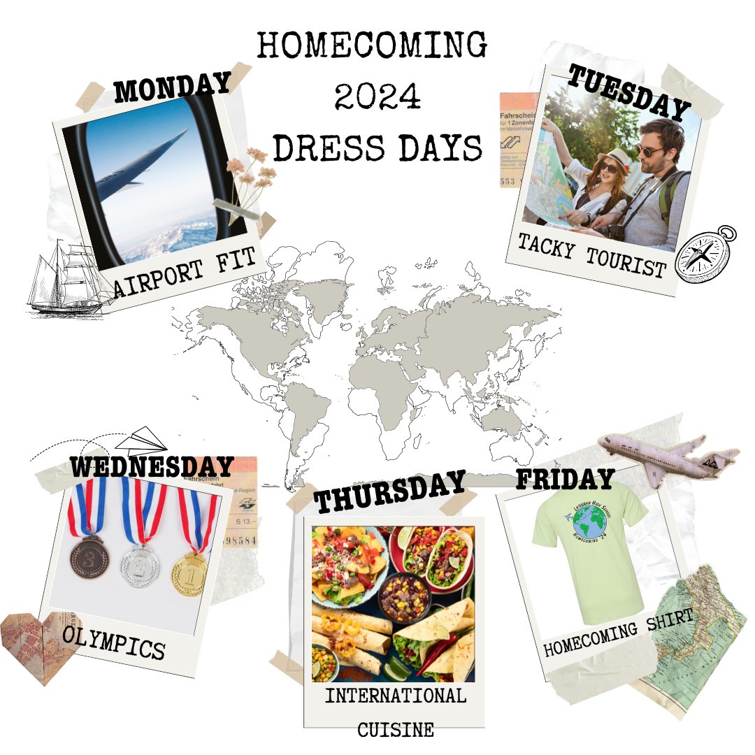 LutheranCougars's tweet image. Don't forget, it's Homecoming week and we're taking a trip Around the World with dress days! ✈️ Tomorrow is Airport Fit Day, so wear your best travel attire to school. #HomecomingWeek #AroundTheWorldDressDays ✈️🌎