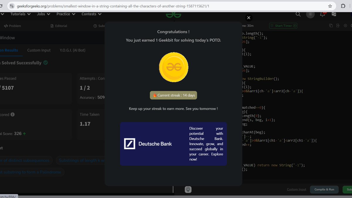 CodeKidExplorer's tweet image. ✅ Day 15 of the #geekstreak2024 challenge complete! Solved today’s Problem of the Day on
@geeksforgeeks
@deutschebank
📷 Ready to keep the streak going for the next 06 days! 📷 📷