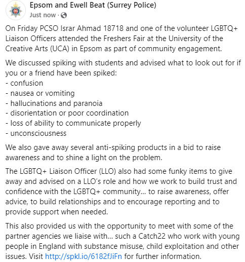 On Friday PCSO Ahmad &amp; one of the volunteer #LGBTQ+ #LiaisonOfficers attended the #FreshersFair at #UCA in #Epsom as part of community engagement. The LLO had some items to give away &amp; advised on a LLO’s role &amp; how we work to build trust &amp; confidence with the LGBTQ+ community.