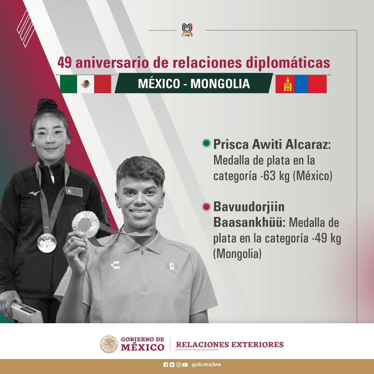 🗣️México y Mongolia establecieron relaciones diplomáticas el 24 de septiembre de 1975. En conmemoración de este aniversario, destacamos la actuación de las representantes de ambos países, quienes obtuvieron medallas de plata en judo en los Juegos Olímpicos de París 2024.