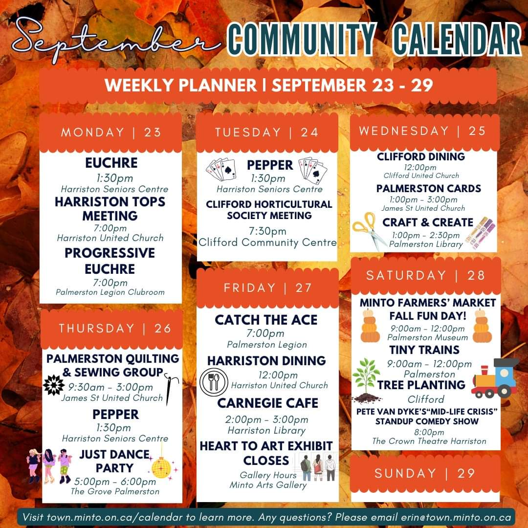 Hello #TownofMinto! 🗓️ Pull out your planners because we’ve got another full week of community fun for you! 
✂️🕺🚂 #thingstodo #nightout #events #WellingtonCounty