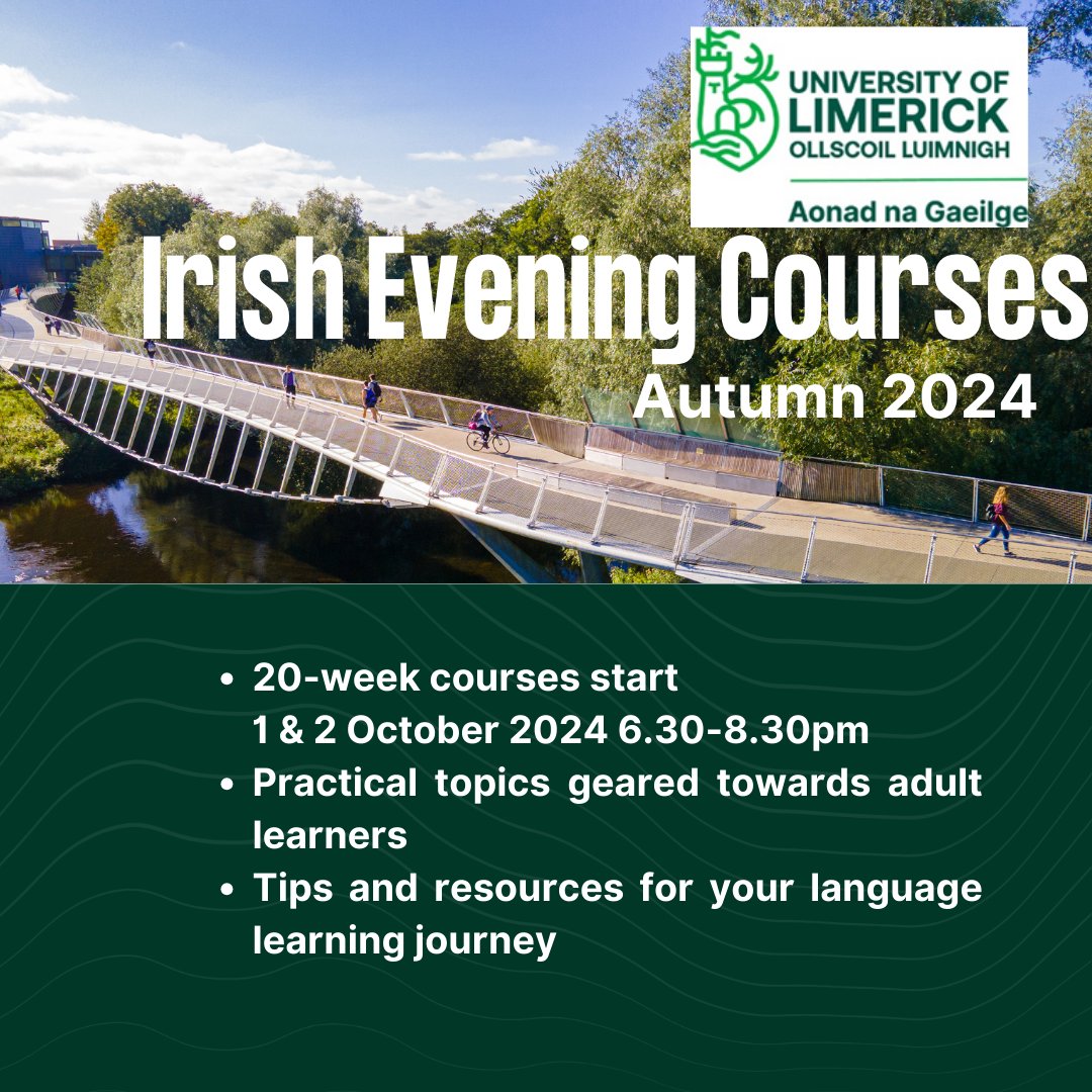 Tá cúrsaí oíche an Fhómhair ag tosú go luath/Irish Evening Courses start soon! Choice of Complete Beginners (online) or Meánrang/Intermediate &amp; Ardrang/Advanced on campus.  Bígí linn
ul.ie/artsoc/en-aona…