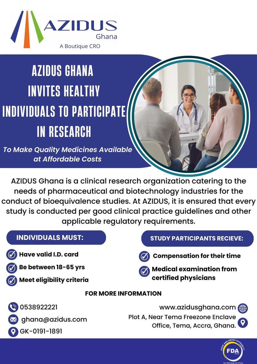 AzidusGhanaLtd's tweet photo. Join Azidus Ghana’s research studies to contribute to affordable healthcare while receiving compensation and a professional medical examination! https://t.co/bFmhxyaZqC