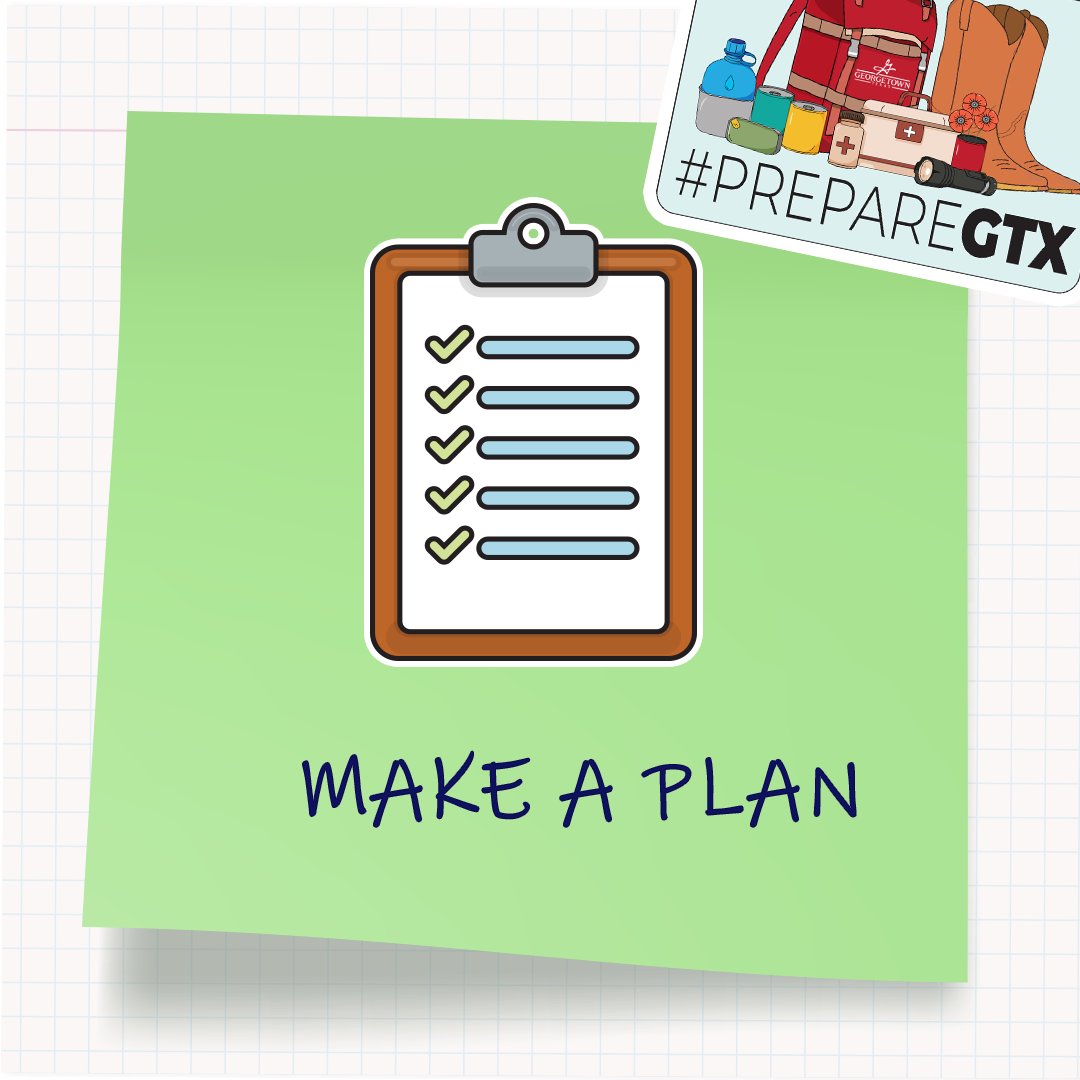 City of Georgetown (@georgetowntx) on Twitter photo ✏️ Do you have an emergency plan?
📞 Create a communication plan
📋 Assemble a contact list
🚗Develop an evacuation plan
More 👉 ready.gov/plan
#PrepareGTX ✏️ Do you have an emergency plan?
📞 Create a communication plan
📋 Assemble a contact list
🚗Develop an evacuation plan
More 👉 ready.gov/plan
#PrepareGTX