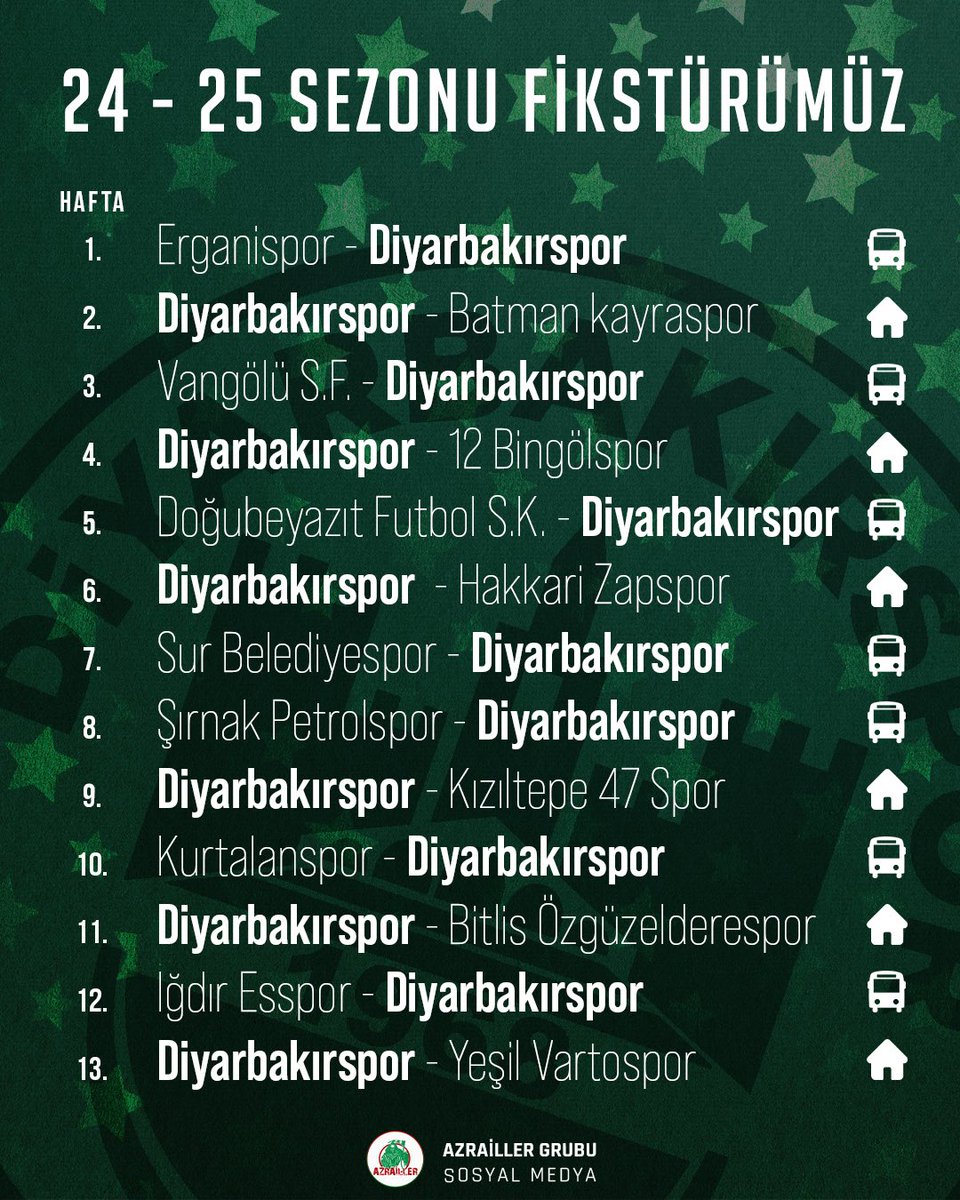 azraillergrubu's tweet photo. 2024 - 2025 Sezonu fikstürümüz! 
Yolun sonu şampiyonluk olsun 💚❤️ https://t.co/5qBXv0deAF