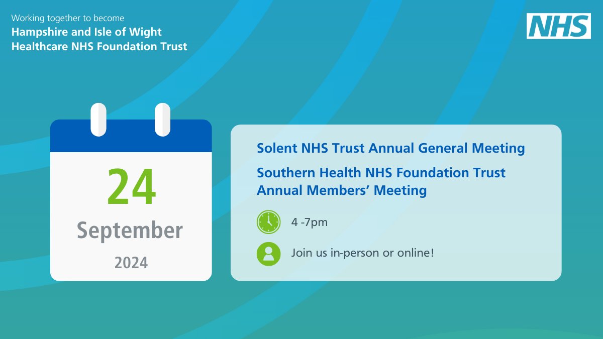 Hampshire and IOW Healthcare NHS Foundation Trust (@hiowh_nhsft) on Twitter photo Coming to you live from our joint AGM / AMM with <a href="/SolentNHSTrust/">Solent NHS Trust</a> !
Lynne Hunt and Mike Watts reflect on the past year and thanks staff, patients and people in our community for their support.
Tune in on the link below π
vimeo.com/event/4550680 Coming to you live from our joint AGM / AMM with <a href="/SolentNHSTrust/">Solent NHS Trust</a> !
Lynne Hunt and Mike Watts reflect on the past year and thanks staff, patients and people in our community for their support.
Tune in on the link below π
vimeo.com/event/4550680