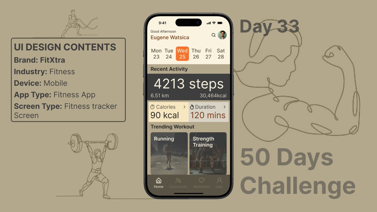 ashish1lexbaa's tweet image. Day 33 of my #50DaysUIChallenge! 💪 Designed a fitness tracker screen for the FitXtra app, keeping you on track with every step! #FitnessApp #FitnessGoals #UIUXDesign #HealthyLiving #ExerciseTracker #StepCount #MobileAppDesign #WorkoutMotivation #FitnessJourney #DesignChallenge