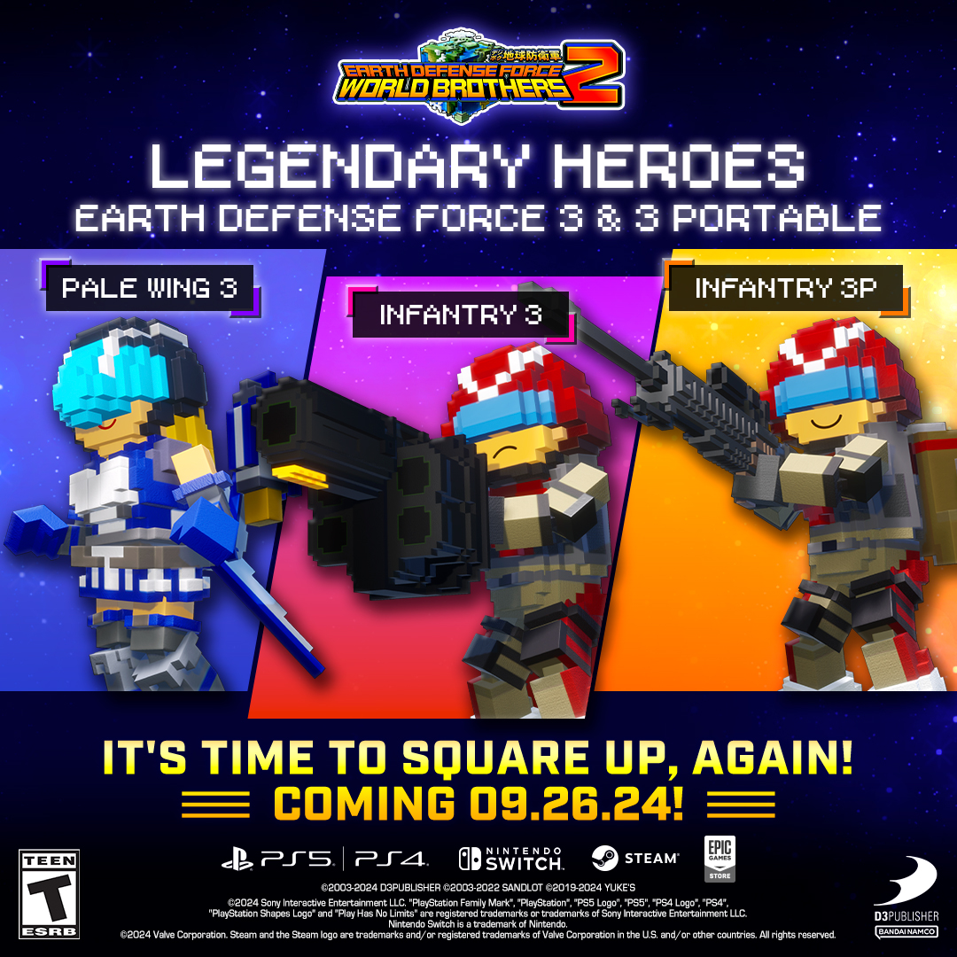 EDF_OFFICIAL_EN's tweet image. If your dream was to play with EDF 3 Legendary Heroes in EDF World Brothers 2, THEN YOUR DREAM IS COMING TRUE. More classic Infantry Troopers and Pale Wing 3 join the fight!