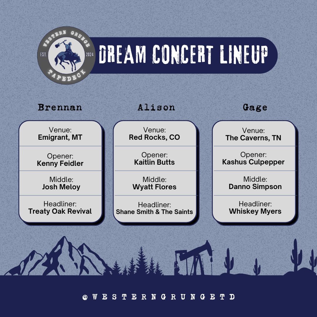 WesternGrungeTD's tweet photo. On the last episode of WGT, the gang picked dream concert lineups.

Which one are you getting tickets to? https://t.co/GZGuwSscRv