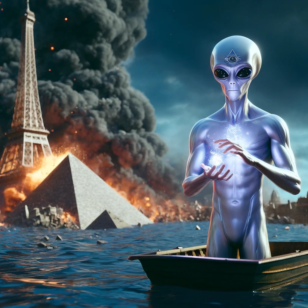 nasrjeb's tweet image. "Drifting through the wreckage of a fallen world, an alien watches as the remnants of civilization crumble behind him. What once was, now lost to the waves of time. 🌊👽 #EndOfAnEra #SciFiVisions #LostCivilization"