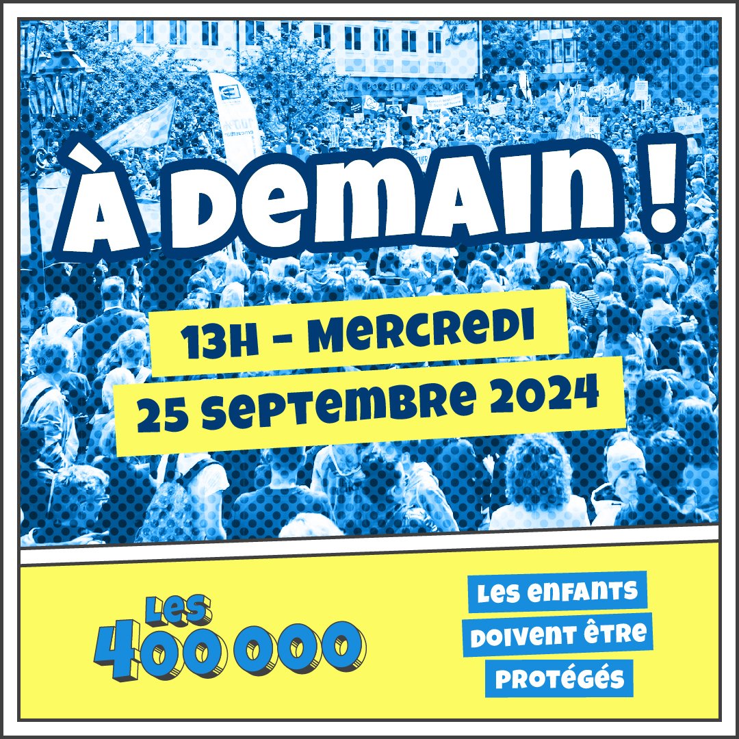 📢Rejoignez la mobilisation nationale du 25 septembre pour la #protectiondelenfance, organisée à l’initiative du collectif Les 400 000 !
📍 Rendez-vous à 13 heures Place Vauban, près des Invalides à Paris. #Les400000
Plus d'infos 👉 les400000.org
