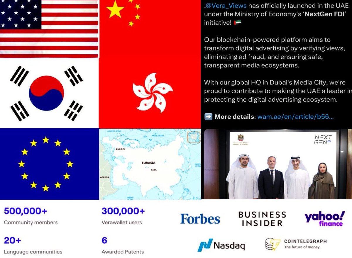 $VRA #VERASITY🌍

It’s easy to forget the progress when you’re riding the rollercoaster. But #VRA are set

🇦🇪Launched in UAE under Nextgen FDI

🔴Content stake patent via blockchain 
🇺🇸Rewarded video patent in US 
🇺🇸USA🇪🇺European Union 🇰🇷South Korea 
🇨🇳China 🇭🇰Honk kong &amp; Eurasia