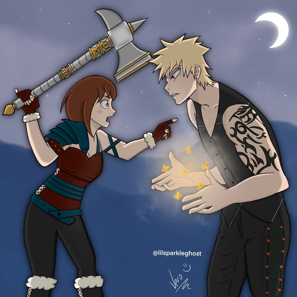 I had the honor to participate in this year’s Kacchako big bang and I made this drawing for <a href="/acewhowriteporn/">🔞Ganglylimbs- Loving On Beta Bakugou 🔞</a> ‘s fic! 

Go read it :3 a fantasy reverse AU where Ochako is a barbarian and Katsuki is a *witch* ✨ 

archiveofourown.org/works/59176759

#KBB2024 <a href="/kacchakobigbang/">KBB2026: AGAINST ALL ODDS | SIGN-UPS ARE OPEN!</a> #kacchako