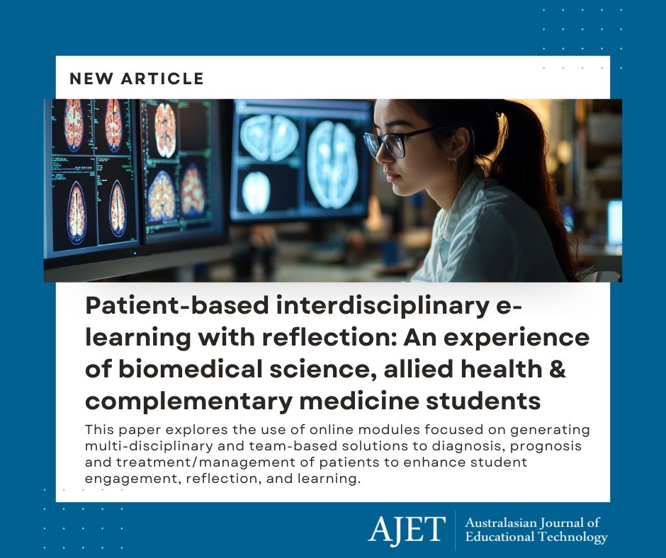 In the latest issue of #AJET read about the impact of online modules designed to enhance interdisciplinary experiences for health students. Access at: doi.org/10.14742/ajet.… By Roula Kyriacou, Cliff Da Costa, Fiona Maxey, Tom Molyneux, Renee Mineo, Jeremy Keens, &amp; Faith Kwa