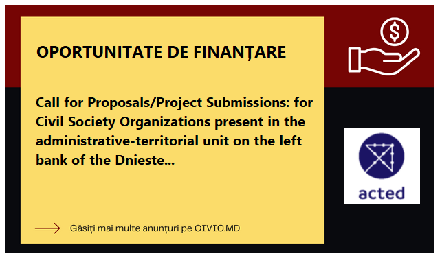 monitorulcivic's tweet image. Call for Proposals/Project Submissions: for Civil Society Organizations present in the administrative-territorial unit on the left bank of the Dniester and other non-profit organizations or actors.

Link: civic.md/anunturi/grant…

#acted  #grant #finantare

💖 Vă rugăm să reacți…