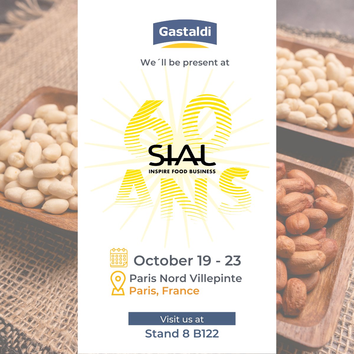 GastaldiHnos's tweet photo. SIAL Paris is waiting for us! ✈🥜 
We are proud to be part of this 60th aniversary of SIAL Paris. 

Visit us at Stand 8 B122
#sialparis24 #sialparis #paris
#Peanuts #mani #maniargentino https://t.co/aMFF5NFAoj