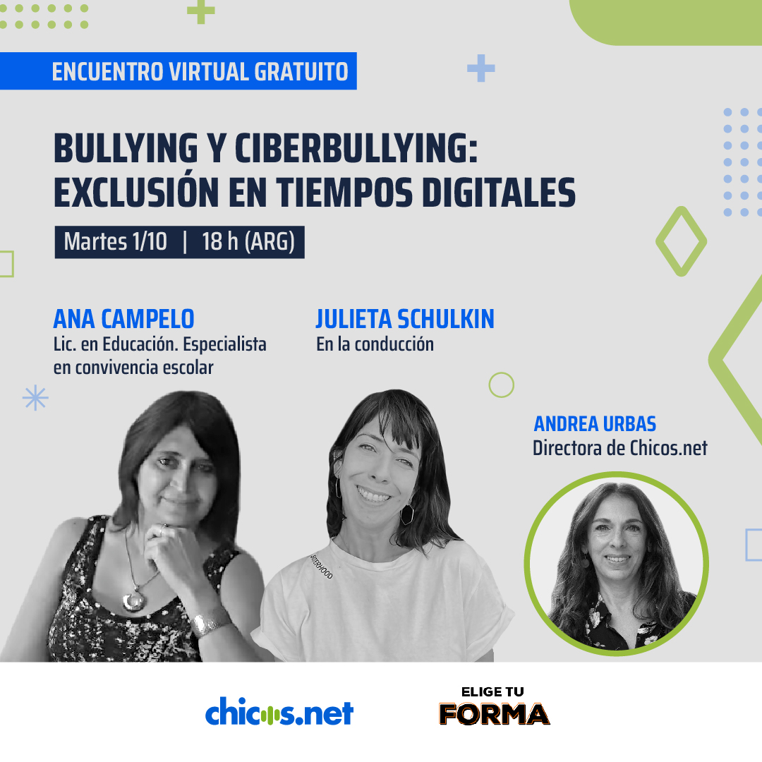 #Ciberbullying ¿Qué debemos tener en cuenta como familias para acompañar a nuestros hijos/as en este tema?
Te invitamos a este webinar gratuito 
📅 Martes 1 de octubre  a las 18 h (ARG).
ℹ Inscribite en chicos.net/webinars-elige…