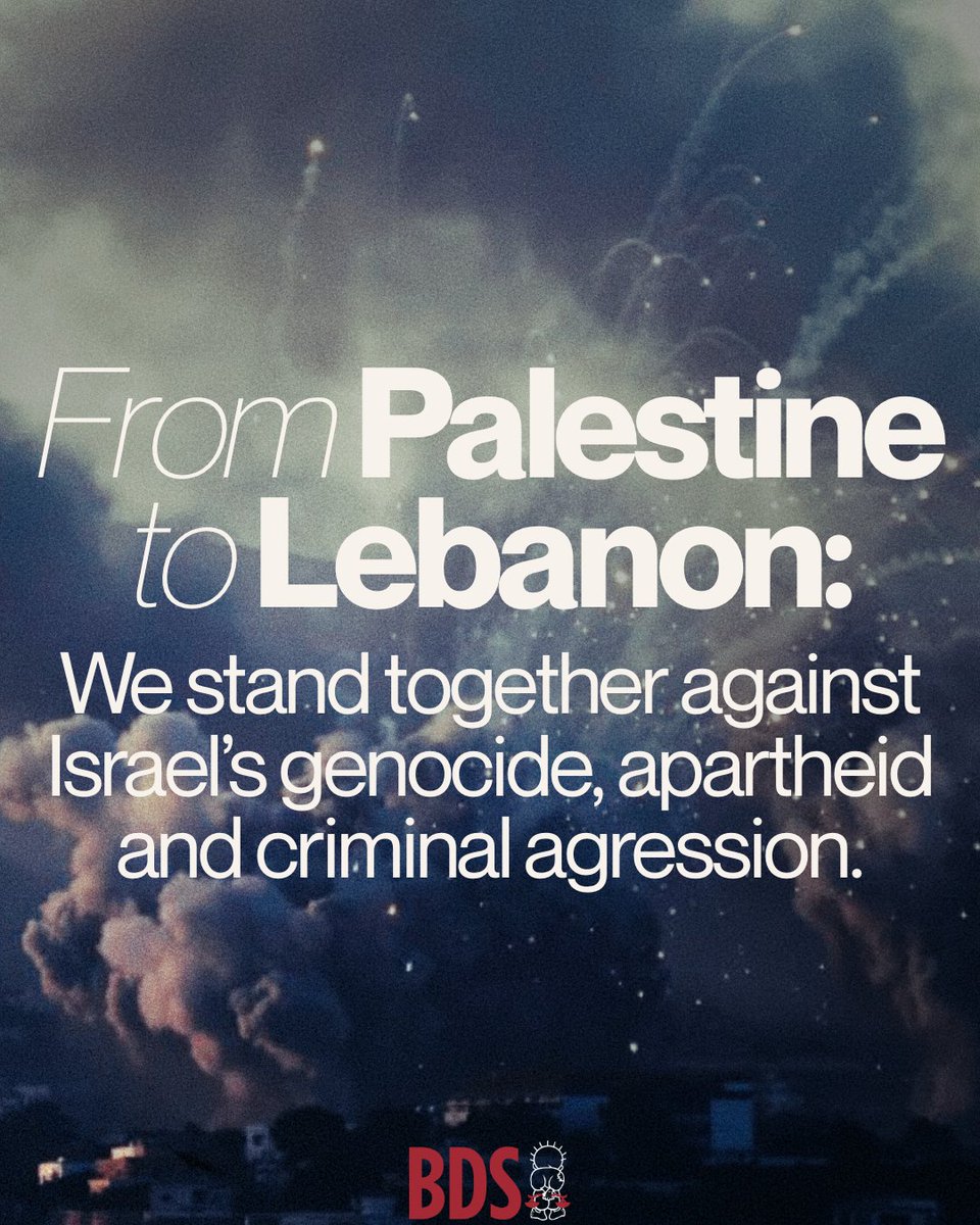 BDSmovement's tweet photo. From Palestine to Lebanon, we stand together against Israel’s genocide, apartheid &amp; criminal aggression.

Israel has ferociously targeted hundreds of villages &amp; towns in Lebanon, killing hundreds, wounding thousands, &amp; inflicting massive damage to civilian homes &amp; infrastructure. https://t.co/85FNal7Nnn