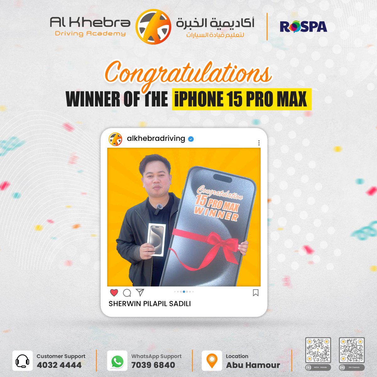 AlkhebraDA's tweet photo. 🎉 Congratulations to our lucky winners! 🎉  walking away with a new iPhone 15 Pro Max, courtesy of Al Khebra Driving Academy! 🚗✨ Want to be next? 💫

#GiveawayWinner #LuckyDay #AlKhebraDrivingAcademy #iPhone15ProMax #ContestAlert #ViralGiveaway #trending #viral https://t.co/MzxQkCHQK5