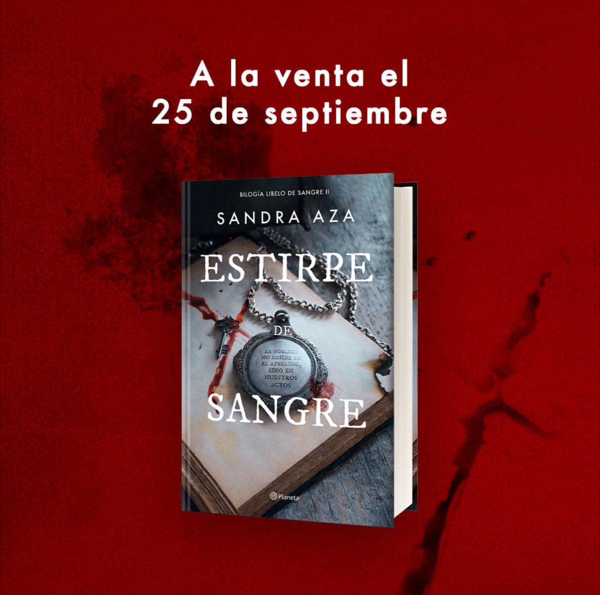 📣MAÑANA EN TODAS LAS LIBRERÍAS📣 
🩸ESTIRPE DE SANGRE🩸 
<a href="/edit_planeta/">Editorial Planeta</a> 
<a href="/Planetadelibros/">PlanetadeLibros</a> 

<a href="/SandraAza7/">Sandra Aza - escritora</a> publica la segunda parte de la bilogía que concluye la gran venganza que se inició en la primera novela, Libelo de sangre.

planetadelibros.com/libro-estirpe-…