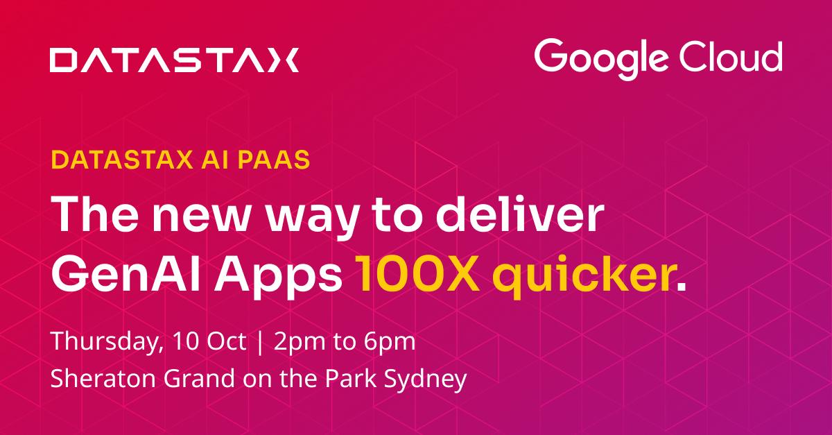 simplyshankar's tweet image. 📣 SYDNEY 📣  Come get an up-close look at the tech that makes building GenAI applications 100x faster. ⚡

Join DataStax and Google Cloud for an in-person event on 10 October:  ow.ly/2M6i30sGHNK

 #SydneyEvents #DataStax #AIApplications #GenAI