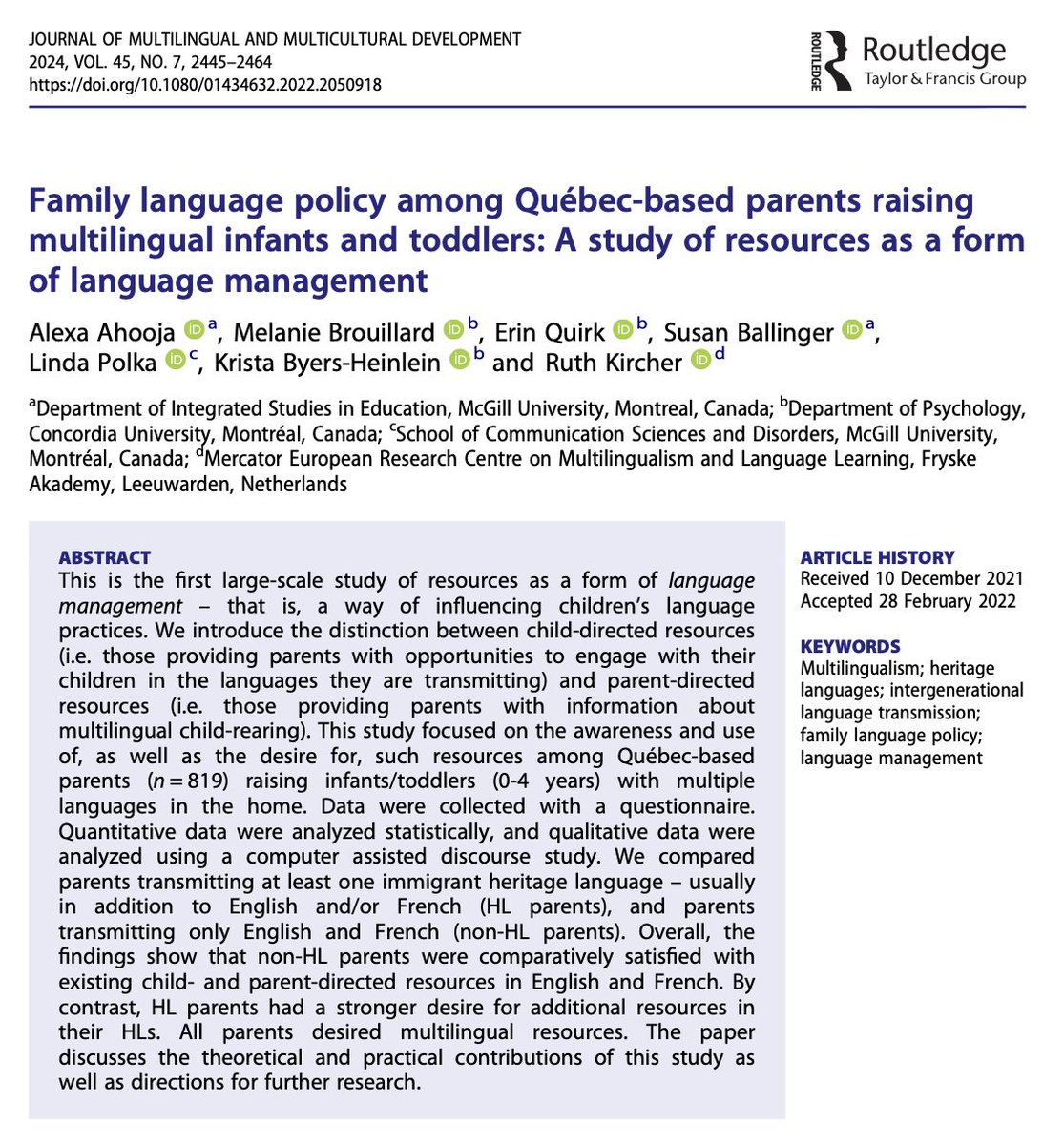 Delighted that this paper is finally out as part of a volume! doi.org/10.1080/014346…
If you're interested but don't have access to JMMD, there's also a non-paywalled preprint: doi.org/10.31234/osf.i…
#FamilyLanguagePolicy #LanguageManagement #HeritageLanguages #Multilingualism