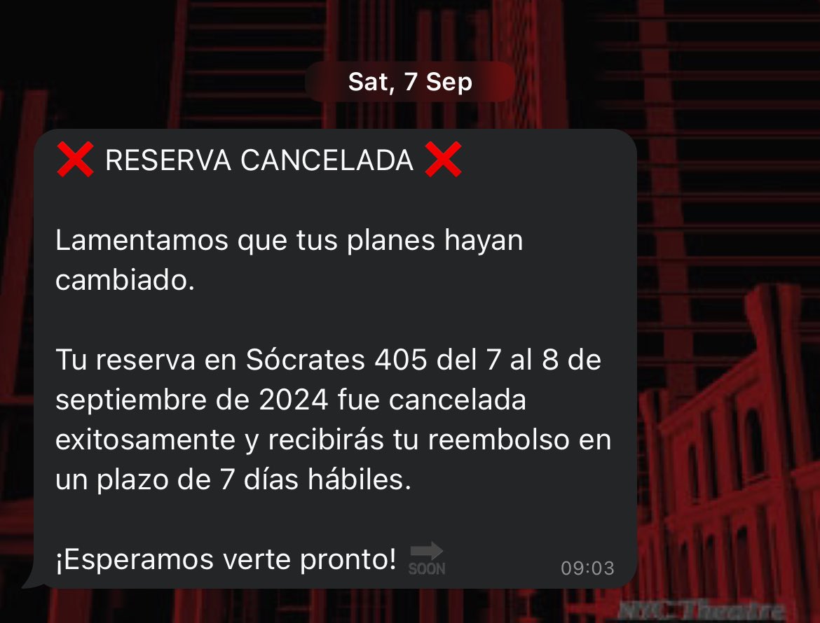 JosMs's tweet photo. @Profeco Necesito su ayuda.

 Tenía un reservación el 7 de septiembre en @staykukun que tuve que cancelar el mismo día por causa de fuerza mayor, después de cancelar me mandaron un mensaje comprometiéndose a que mi reembolso saldría en 7 días hábiles. https://t.co/hWvQgi8wxE