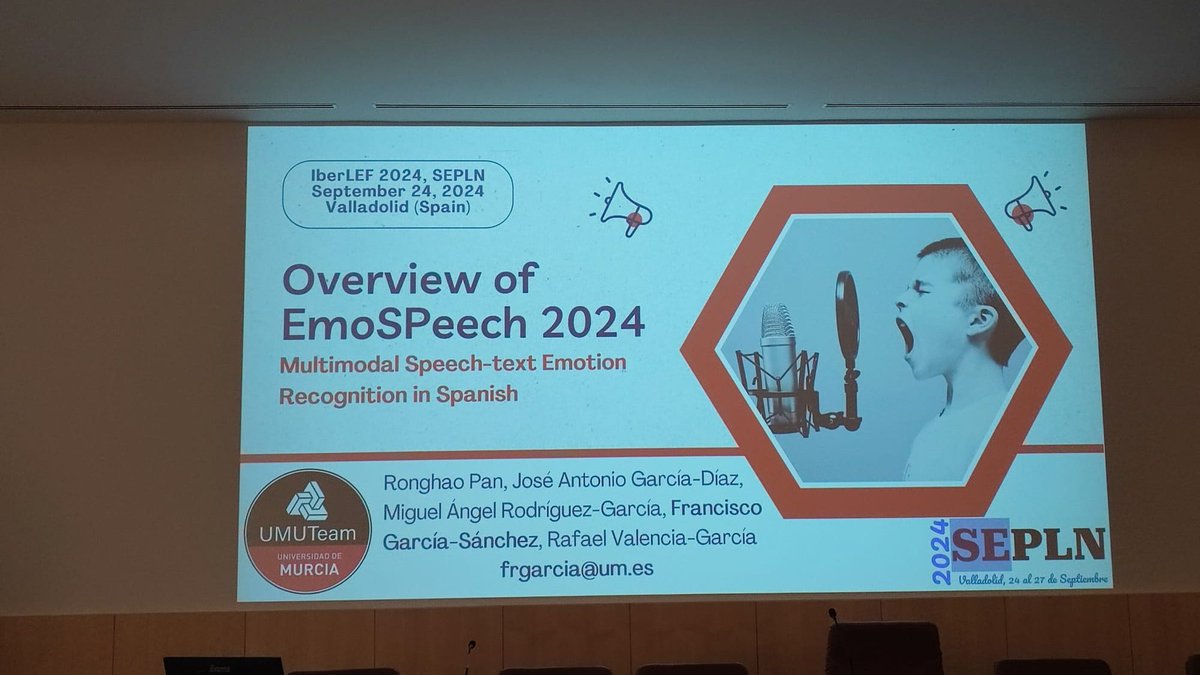 Paco <a href="/fgs22002/">Francisco García Sánchez</a>  presents the overview of the task EmoSPeech organised by <a href="/NLP_umuteam/">NLP_UMUTeam</a> at #iberlef2024 <a href="/iberlef/">IberLEF - Iberian Languages Evaluation Forum</a> <a href="/sepln/">SEPLN</a> <a href="/sepln2024uva/">XL Congreso de la SEPLN Valladolid 2024</a> . Paper available at journal.sepln.org/sepln/ojs/ojs/…