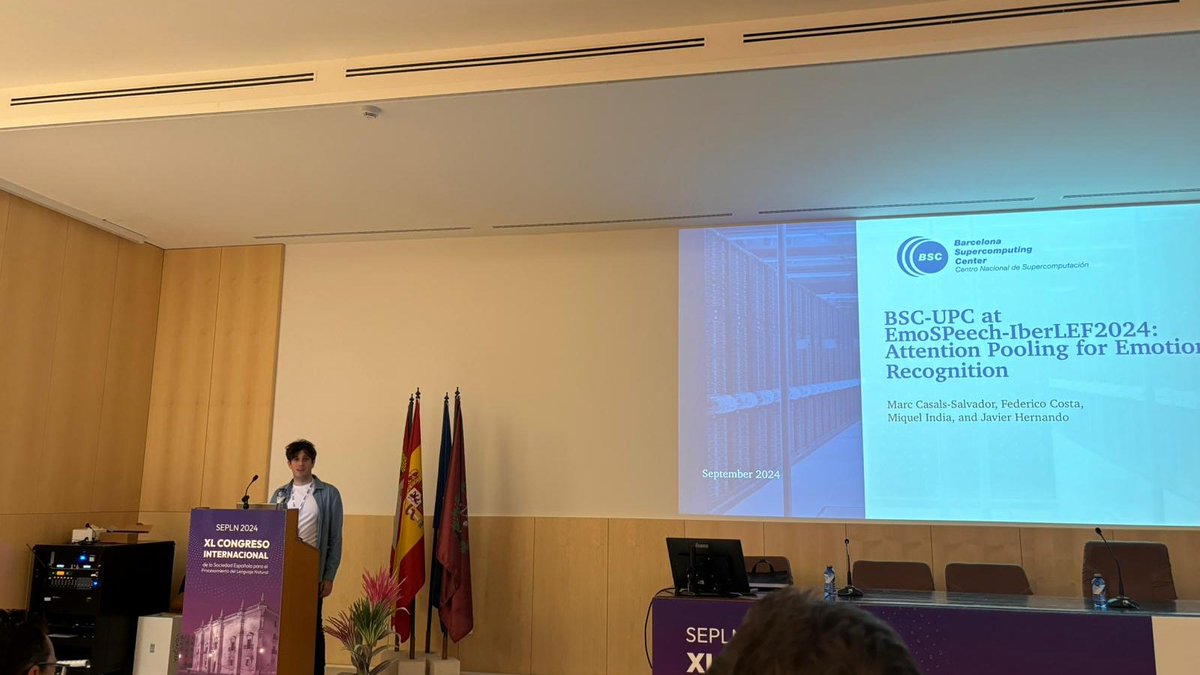 Marc Casals presents their work at our tast EmoSPeech 2024 at #iberlef2024 <a href="/sepln/">SEPLN</a> <a href="/iberlef/">IberLEF - Iberian Languages Evaluation Forum</a> <a href="/sepln2024uva/">XL Congreso de la SEPLN Valladolid 2024</a>. Paper available at ceur-ws.org/Vol-3756/EmoSP…