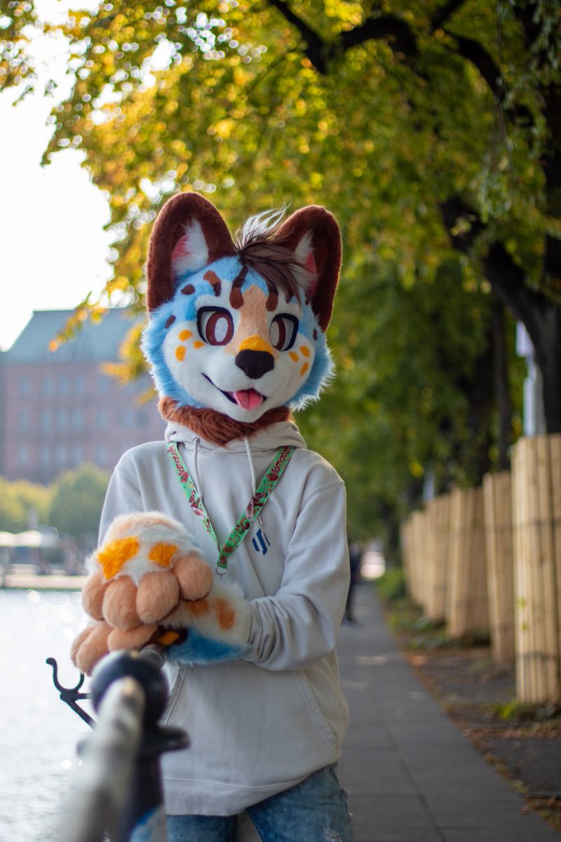 ZackHusky's tweet photo. The best possible souvenir from #EF28... 
Say hello to Tangerine made by @tomacats_suits!
They are absolutely amazing and I immediately fell in love with the suit. 🧡🩵

📸 @XaviPurr https://t.co/fPJyb32GYc