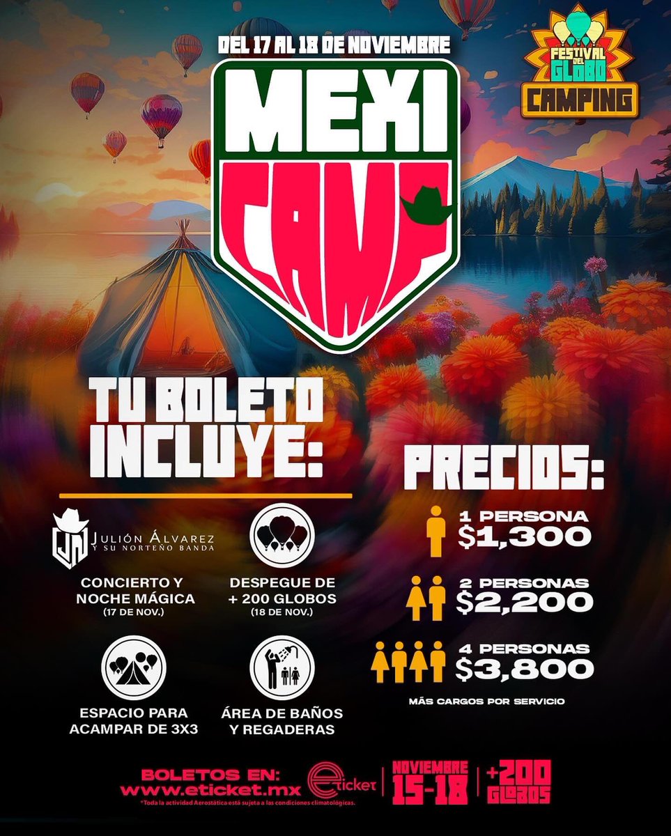 FIGLeon's tweet photo. Vive una experiencia inolvidable con tus familiares y amigos🏕️ CAMP-FIG para 1, 2 ó 4 personas e incluye la noche mágica, concierto estelar y el majestuoso despegue de 200 globos provenientes de 25 países 🙌🏼🤩                                                
🎟️Adquiere tus boletos en el siguiente link  🔗  https://t.co/F8BKnXn6dl