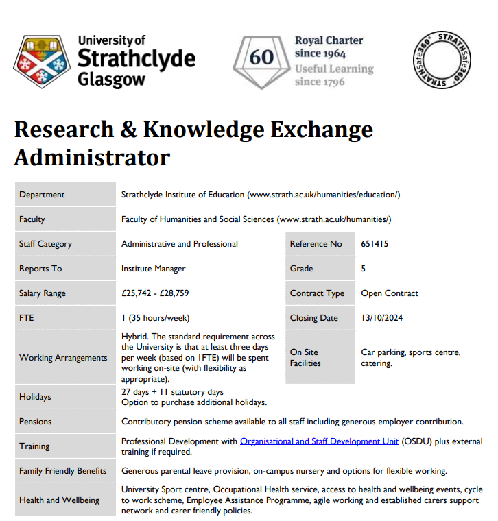 ‼️Join us as a Research &amp; Knowledge Exchange Administrator at Strathclyde's Institute of Education. Play a key role in driving cutting-edge research. 💡

🗓️ Apply by 13th Oct: tinyurl.com/bdh546wt
🔍 Discover our research: strath.ac.uk/research/subje…
#JobAlert #Research #StrathEdu