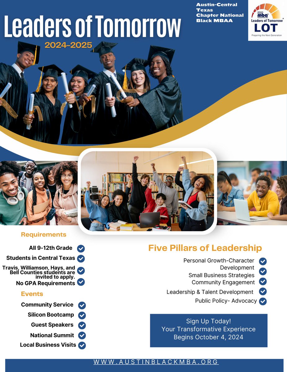 NBMBAA_Austin's tweet photo. 🚀 We’re calling ALL students in Central Texas to join the Leaders of Tomorrow Program 2024-2025! No matter what you’re passionate about, there’s a place for you to grow and thrive here. 🙌🏾

#LeadersOfTomorrow  #CentralTexasStudents #FutureLeaders #AustinBlackMBA l https://t.co/qY3K4YEO88