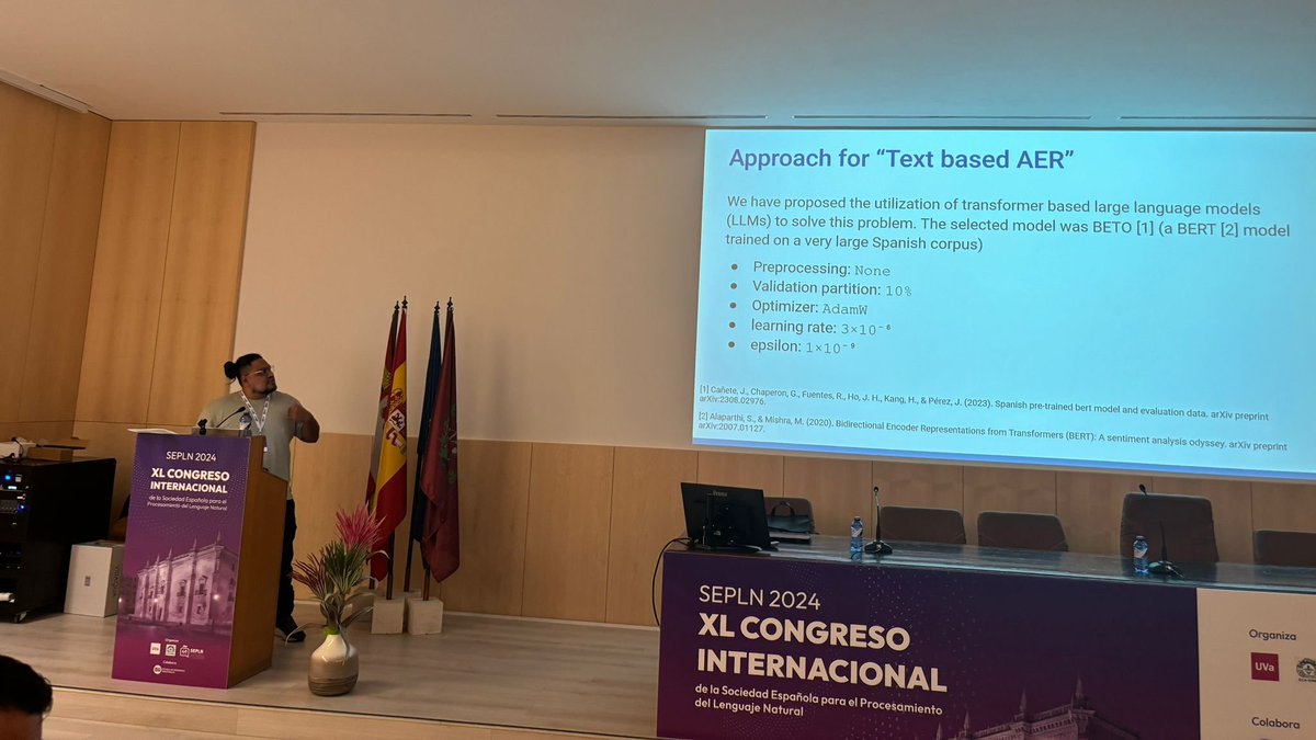 Cesar Macias and Omar García present their work at our task EmoSPeech at #iberlef2024 <a href="/sepln/">SEPLN</a> <a href="/iberlef/">IberLEF - Iberian Languages Evaluation Forum</a> <a href="/sepln2024uva/">XL Congreso de la SEPLN Valladolid 2024</a> . Paper available at ceur-ws.org/Vol-3756/EmoSP…