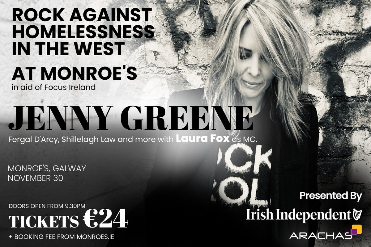 Monroe's Live (@monroeslive) on Twitter photo 📣 📢 **Announcement** 📣 📢
<a href="/Independent_ie/">Irish Independent</a> presents ‘Rock Against Homelessness In The West’ on November 30 at Monroe’s in Galway in aid of Focus Ireland!! Sponsored by Arachas Insurance, the show is headlined by DJ Jenny Greene.
🎟️ 👉 bit.ly/JennyRAH
🗓️ Sat 30 Nov 📣 📢 **Announcement** 📣 📢
<a href="/Independent_ie/">Irish Independent</a> presents ‘Rock Against Homelessness In The West’ on November 30 at Monroe’s in Galway in aid of Focus Ireland!! Sponsored by Arachas Insurance, the show is headlined by DJ Jenny Greene.
🎟️ 👉 bit.ly/JennyRAH
🗓️ Sat 30 Nov