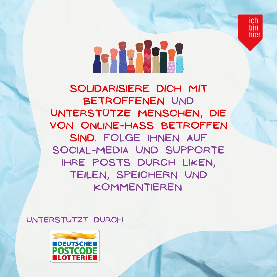 Bestimmte Menschengruppen sind besonders häufig Zielscheibe von Hass und Hetze im Netz, z.B. Frauen oder Menschen mit Migrationsgeschichte. Solidarisiert euch mit Betroffenen und unterstützt Menschen, die von Online-Hass betroffen sind! #postcodeeffekt #ichbinhier