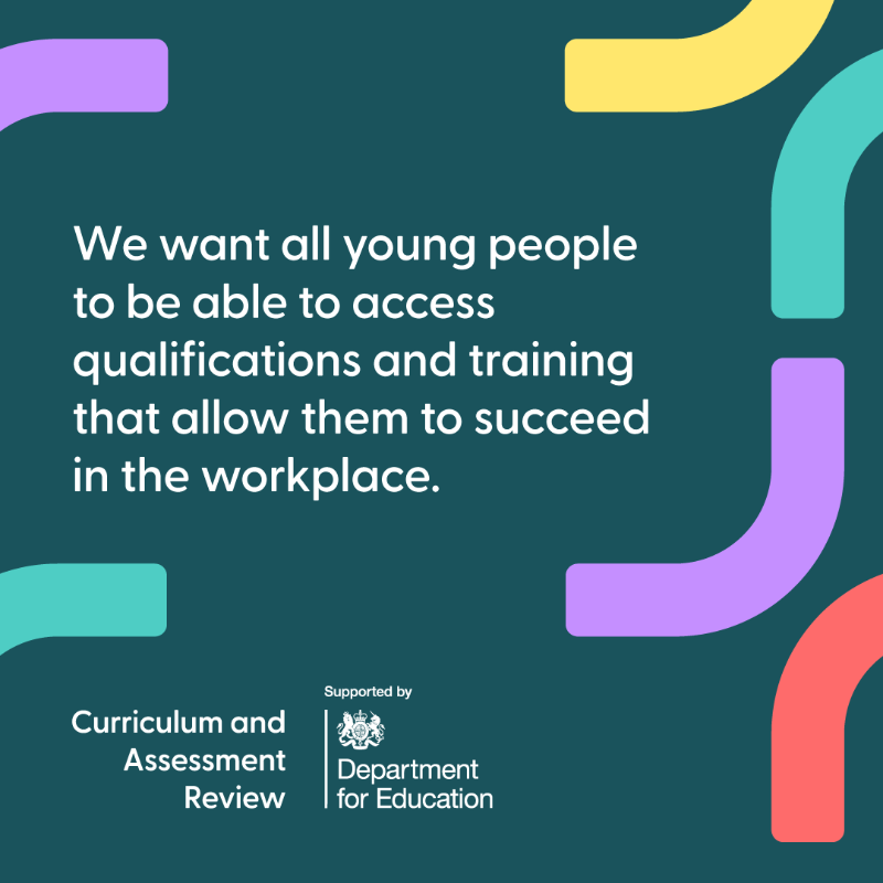 educationgovuk's tweet photo. The Curriculum and Assessment Review, led by Professor Becky Francis, is seeking evidence from across the education sector, including teachers, parents, children and employers.

Your experience and insight will help to shape the future of education for our young people.