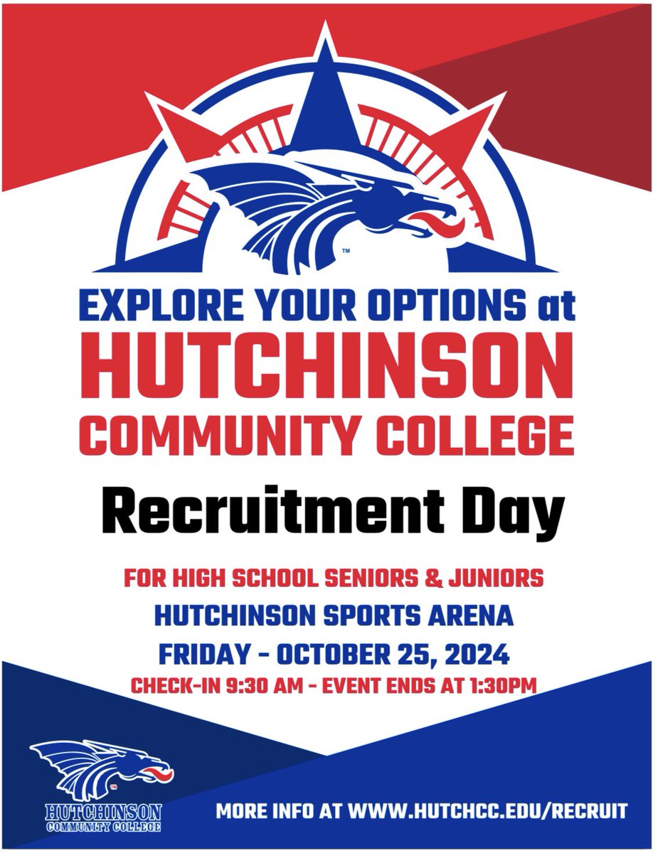 ✨Join us for HutchCC Recruitment✨

For high school juniors &amp; seniors! 

🗓 Friday, October 25th, 2024
⏰9:30 AM - 1:30 PM
📍Hutchinson Sports Arena 

♦️Majors &amp; Activities Fair
♦️Campus Tour
♦️FREE Lunch
♦️Prize Drawings 
♦️FREE T-shirt (for Jr/Sr’s)

📲 hutchcc.edu/recruit