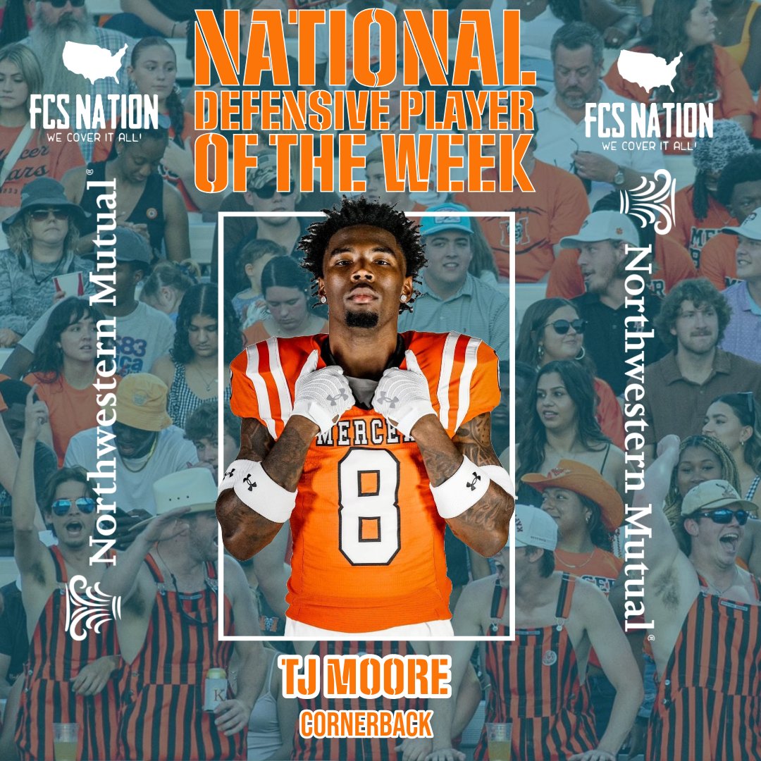 FCS Nation Radio (@fcsnationradio1) on Twitter photo 𝗧𝗝 𝗠𝗢𝗢𝗥𝗘. <a href="/TMoore1215/">Tj Moore</a> <a href="/MercerFootball/">Mercer Football</a>
🟠𝐃𝐄𝐅𝐄𝐍𝐒𝐈𝐕𝐄 𝐏𝐋𝐀𝐘𝐄𝐑 𝐎𝐅 𝐓𝐇𝐄 𝐖𝐄𝐄𝐊 🟠
𝐋𝐚𝐬𝐭 𝐖𝐞𝐞𝐤 𝐯𝐬 𝐓𝐡𝐞 𝐂𝐢𝐭𝐚𝐝𝐞𝐥:
6 Tackles
1 TFL
2 PBU's
Pick Six 💥
𝗱𝘂𝗯.
(presented by <a href="/NM_Financial/">Northwestern Mutual</a>) 𝗧𝗝 𝗠𝗢𝗢𝗥𝗘. <a href="/TMoore1215/">Tj Moore</a> <a href="/MercerFootball/">Mercer Football</a>
🟠𝐃𝐄𝐅𝐄𝐍𝐒𝐈𝐕𝐄 𝐏𝐋𝐀𝐘𝐄𝐑 𝐎𝐅 𝐓𝐇𝐄 𝐖𝐄𝐄𝐊 🟠
𝐋𝐚𝐬𝐭 𝐖𝐞𝐞𝐤 𝐯𝐬 𝐓𝐡𝐞 𝐂𝐢𝐭𝐚𝐝𝐞𝐥:
6 Tackles
1 TFL
2 PBU's
Pick Six 💥
𝗱𝘂𝗯.
(presented by <a href="/NM_Financial/">Northwestern Mutual</a>)